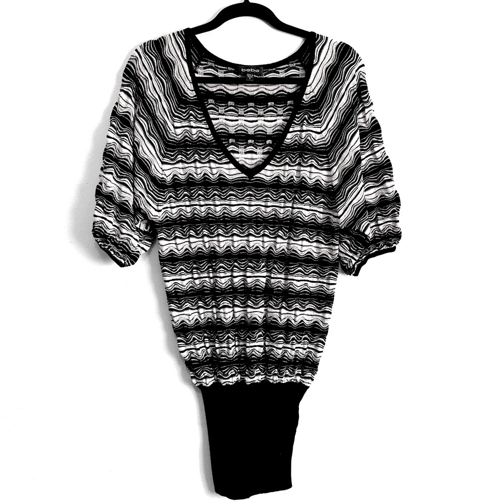 Bebe Wavy Sparkle Stripes Fitted Ribbed Knit Waist V-Neck Sweater